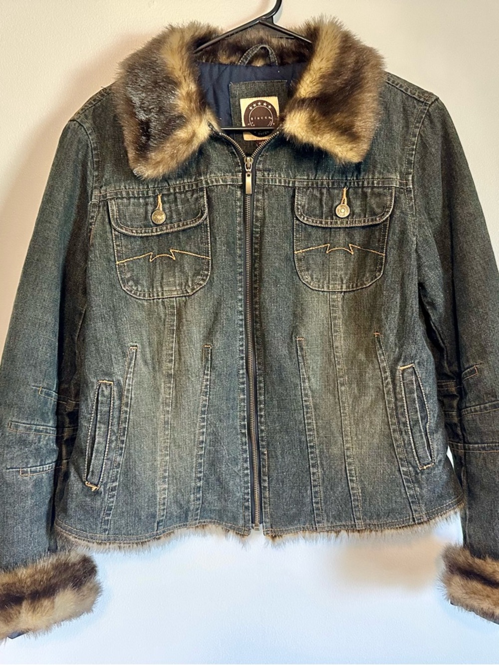 Giacca Vintage Faux Fur Trimmed Blue Jean Denim Jacket Women Size Large Pockets